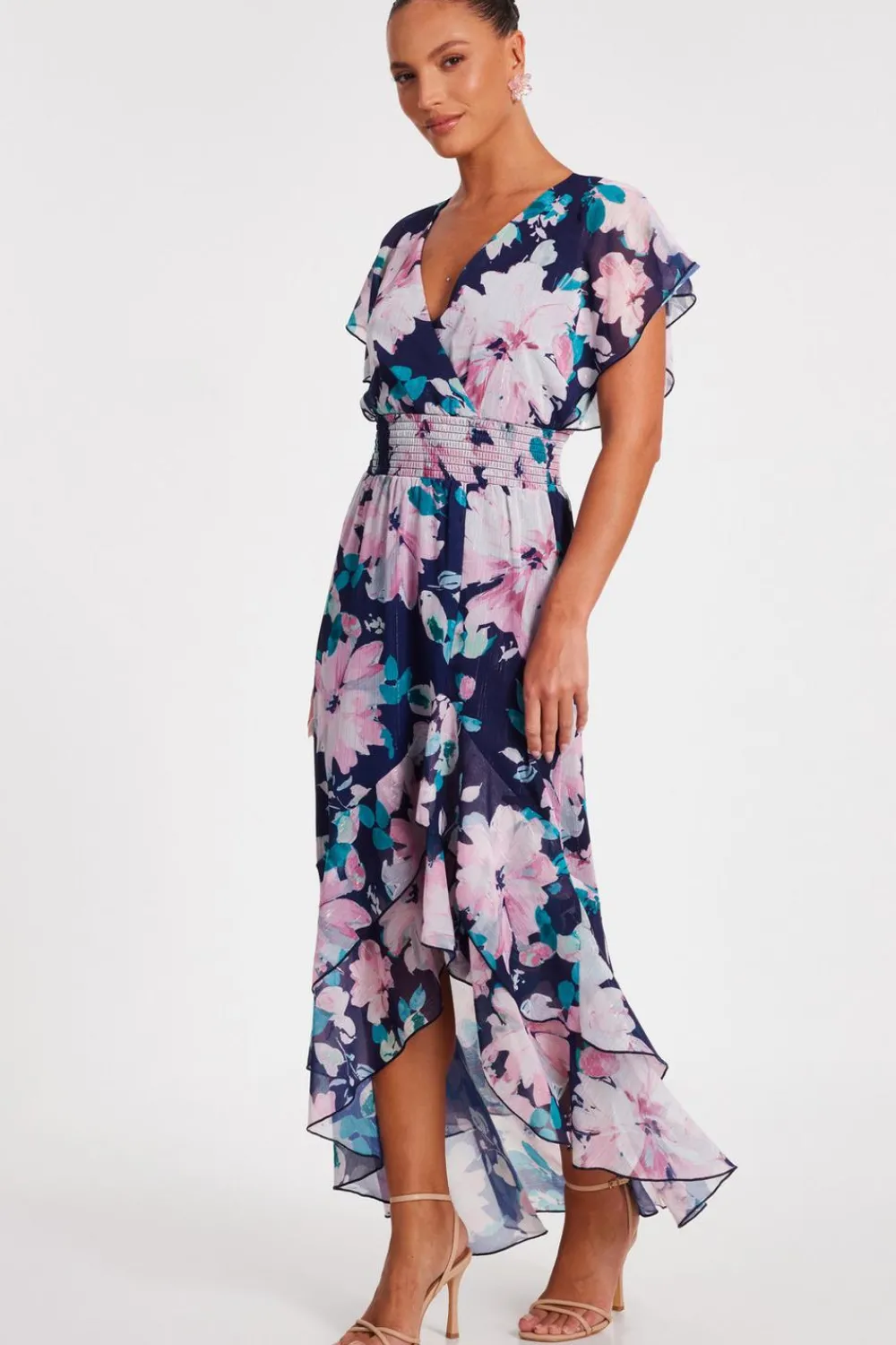 Quiz Day At The Races|Christening Guest>Navy Floral Tiered Midi Dress