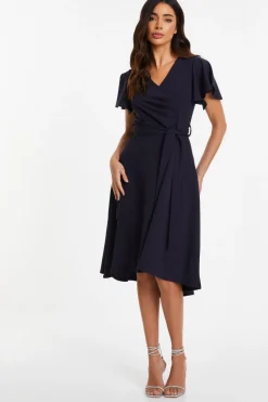 Quiz Wrap Dresses|Wedding Guest Dresses>Navy Frill Sleeve Wrap Midi Dress