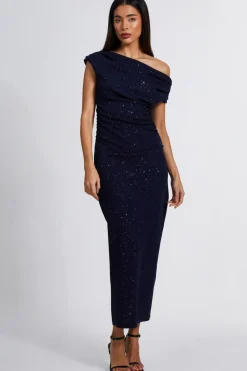 Quiz Evening Dresses|Wedding Guest Dresses>Navy Glitter Asymmetric Midaxi Dress