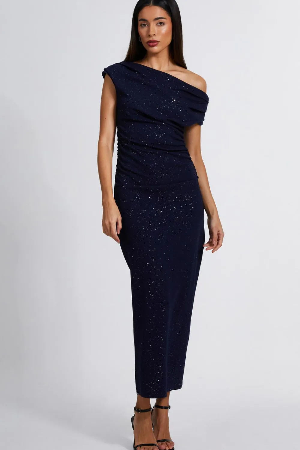 Quiz Evening Dresses|Wedding Guest Dresses>Navy Glitter Asymmetric Midaxi Dress