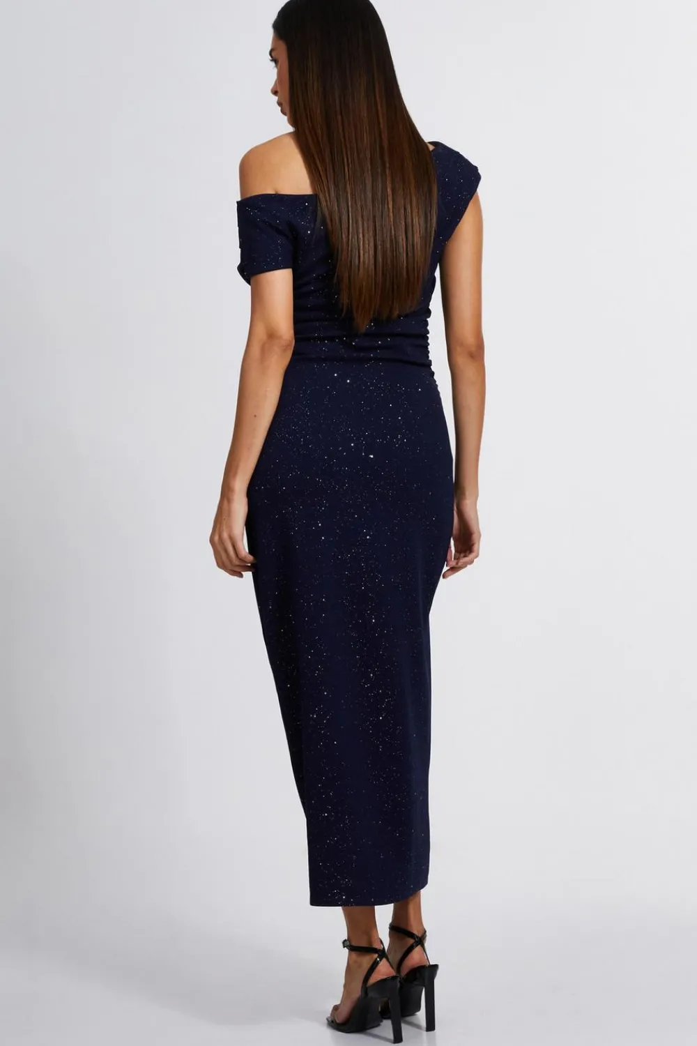 Quiz Evening Dresses|Wedding Guest Dresses>Navy Glitter Asymmetric Midaxi Dress