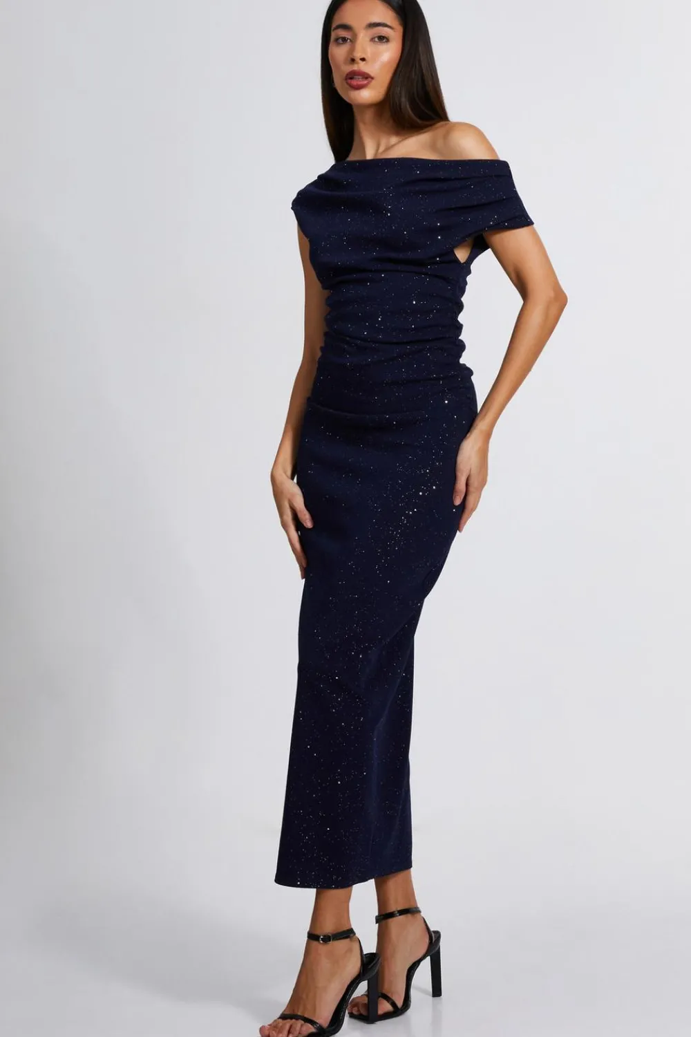 Quiz Evening Dresses|Wedding Guest Dresses>Navy Glitter Asymmetric Midaxi Dress