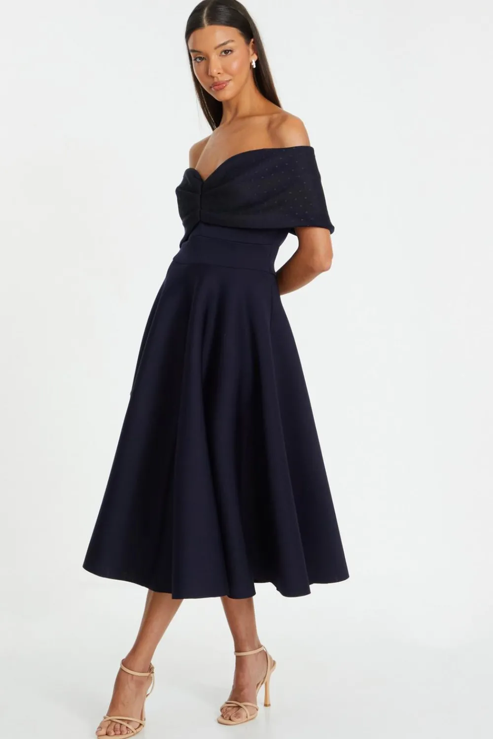 Quiz Evening Dresses|Wrap Dresses>Navy Mesh Polka Dot Skater Midi Dress