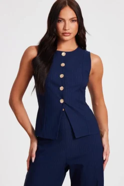 Quiz Waistcoat|Summer Tops>Navy Pinstripe Button Front Waistcoat