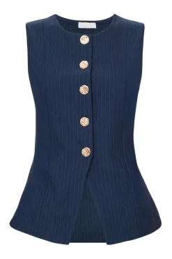 Quiz Waistcoat|Summer Tops>Navy Pinstripe Button Front Waistcoat