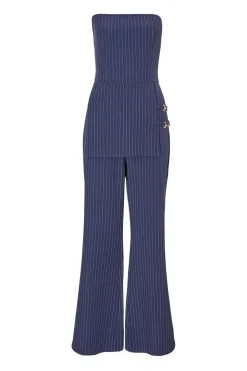 Quiz Going Out Jumpsuits|Workwear>Navy Pinstripe Strapless Jumpsuit