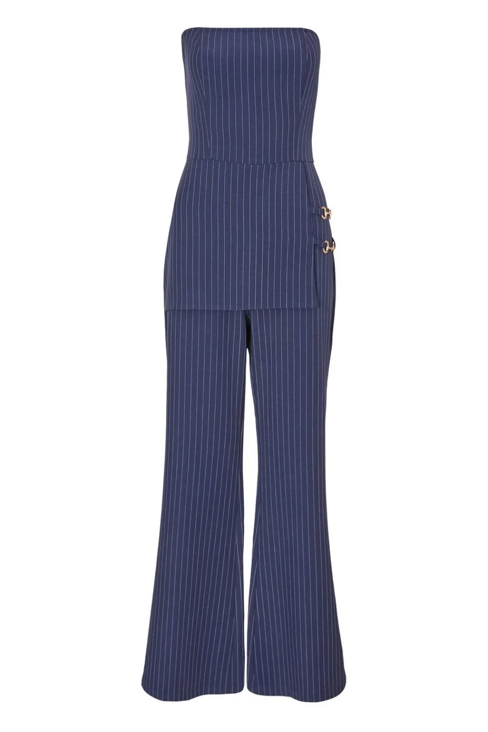Quiz Going Out Jumpsuits|Workwear>Navy Pinstripe Strapless Jumpsuit