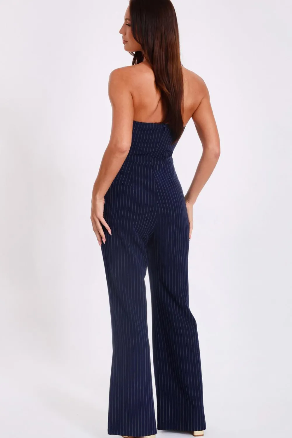 Quiz Going Out Jumpsuits|Workwear>Navy Pinstripe Strapless Jumpsuit