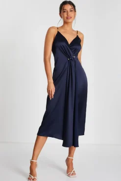 Quiz Evening Dresses|Christening Guest>Navy Satin Buckle Front Midi Dress