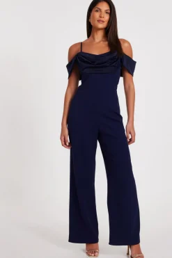 Quiz Summer Jumpsuits|Occasion Jumpsuits>Navy Satin Cold Shoulder Jumpsuit
