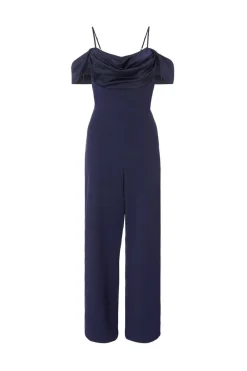 Quiz Summer Jumpsuits|Occasion Jumpsuits>Navy Satin Cold Shoulder Jumpsuit
