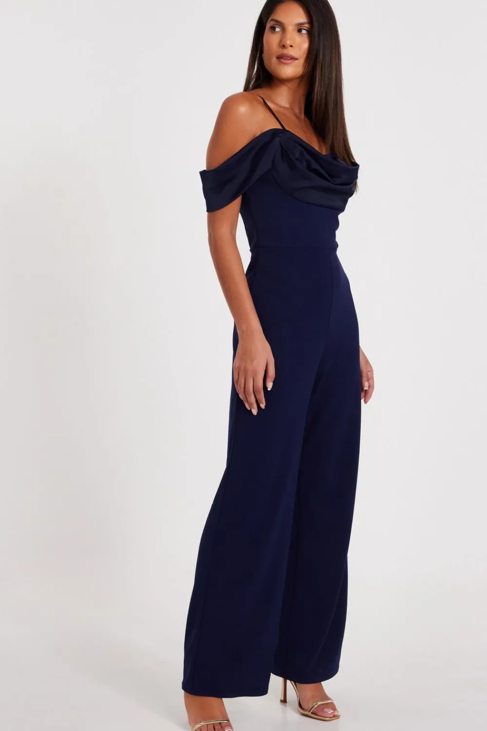 Quiz Summer Jumpsuits|Occasion Jumpsuits>Navy Satin Cold Shoulder Jumpsuit
