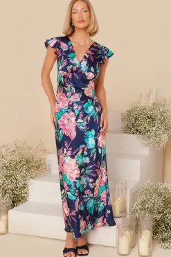 Quiz Florals|Wedding Guest Dresses>Navy Satin Floral Maxi Dress