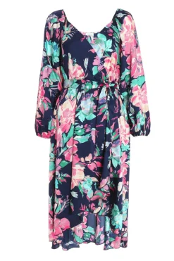 Quiz Wrap Dresses|Wedding Guest Dresses>Navy Satin Floral Wrap Dip Hem Midi Dress