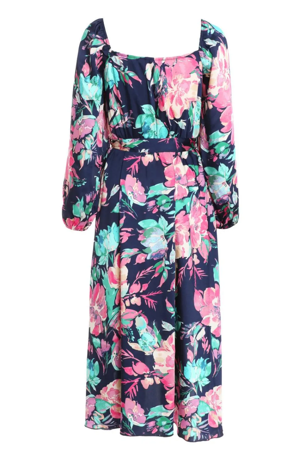 Quiz Wrap Dresses|Wedding Guest Dresses>Navy Satin Floral Wrap Dip Hem Midi Dress
