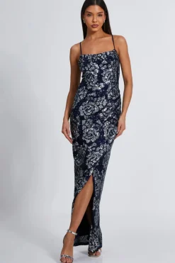 Quiz Prom Dresses|Evening Dresses>Navy Sequin Floral Maxi Dress