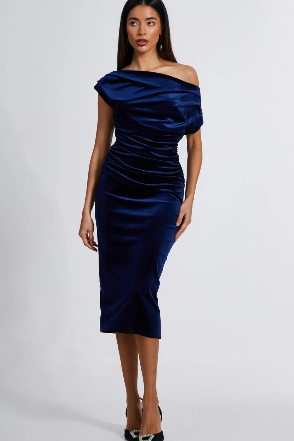 Quiz Evening Dresses|Occasion Dresses>Navy Velvet One Shoulder Midaxi Dress