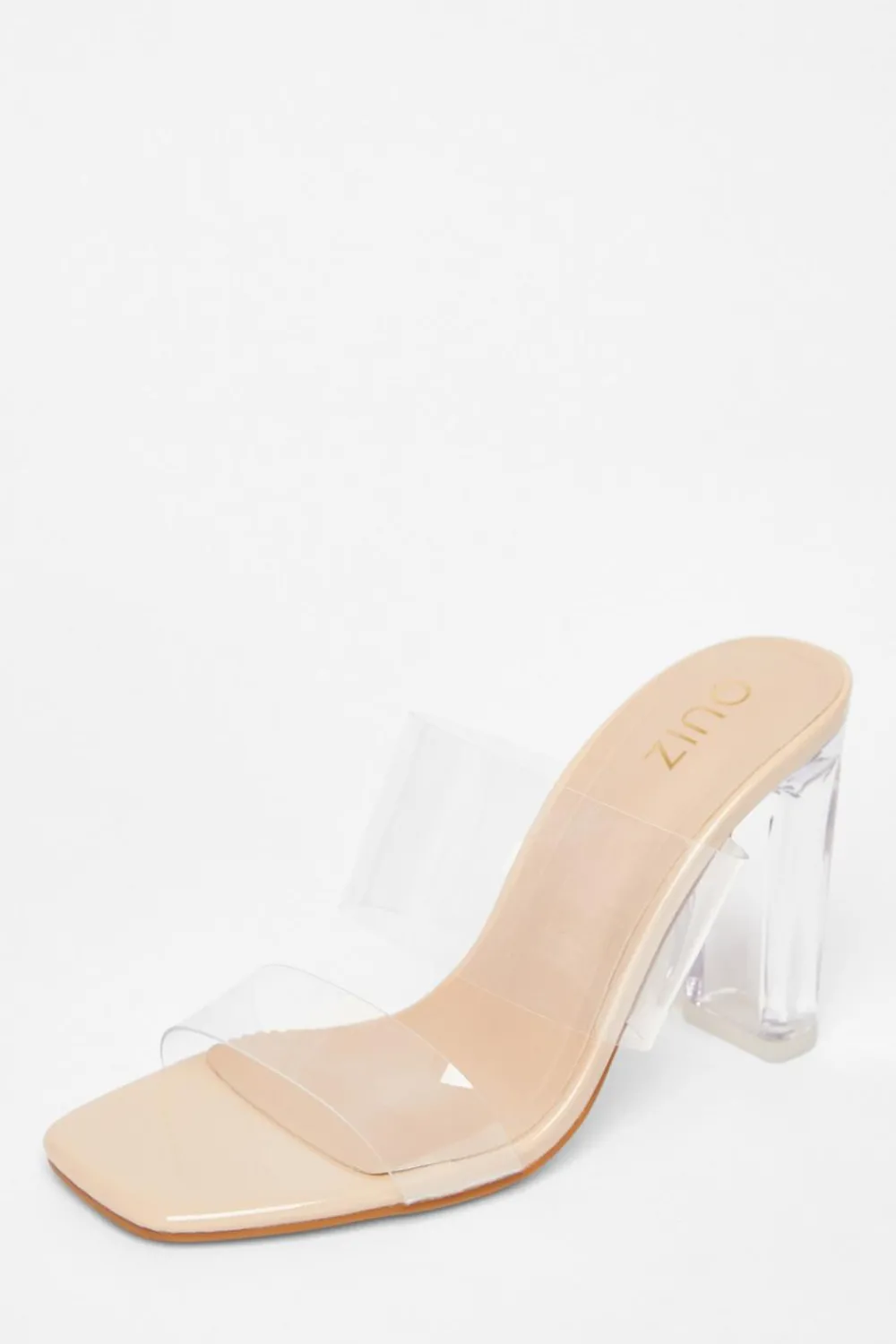 Quiz Heels>Nude Clear Strap Mule Heels