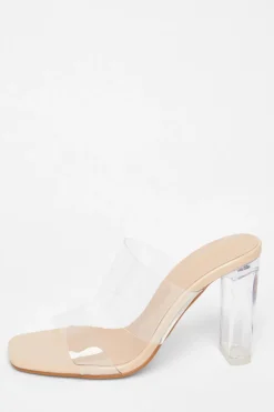 Quiz Heels>Nude Clear Strap Mule Heels