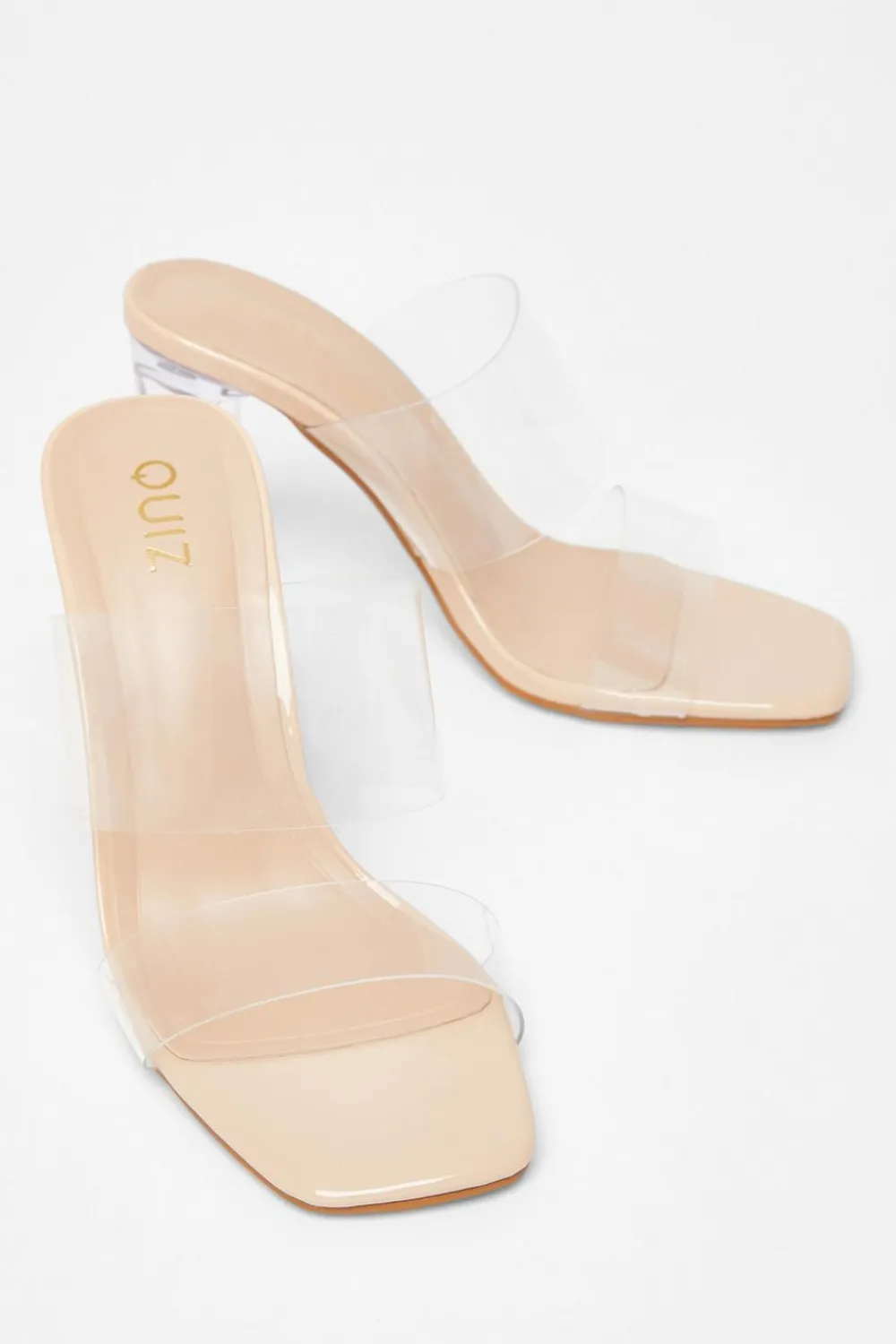 Quiz Heels>Nude Clear Strap Mule Heels