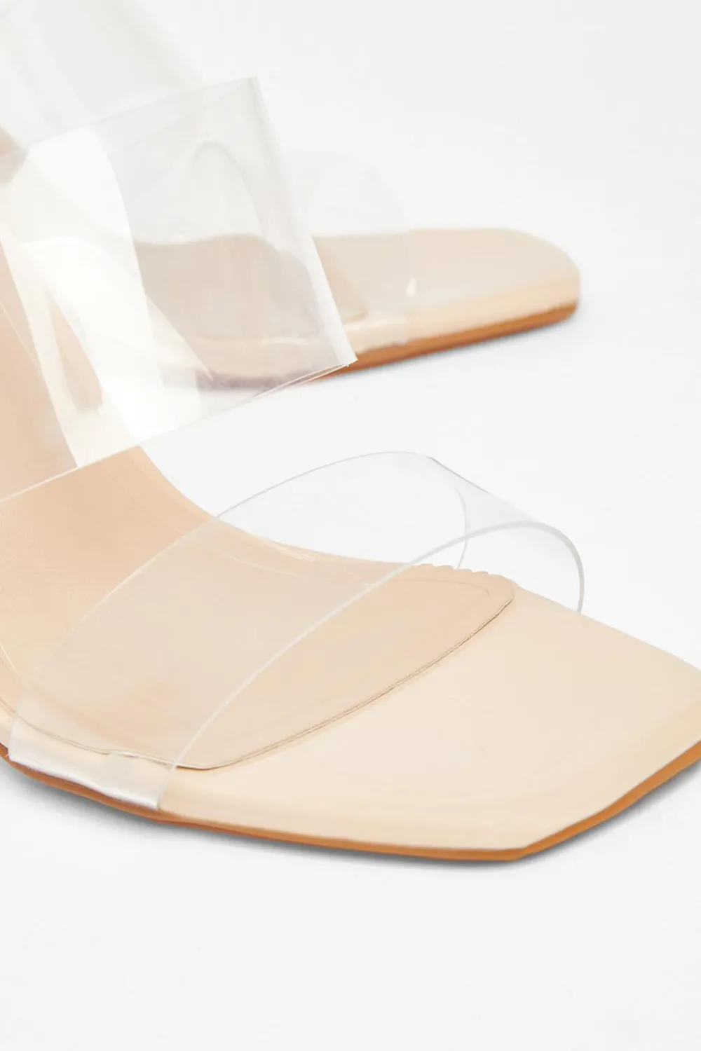 Quiz Heels>Nude Clear Strap Mule Heels