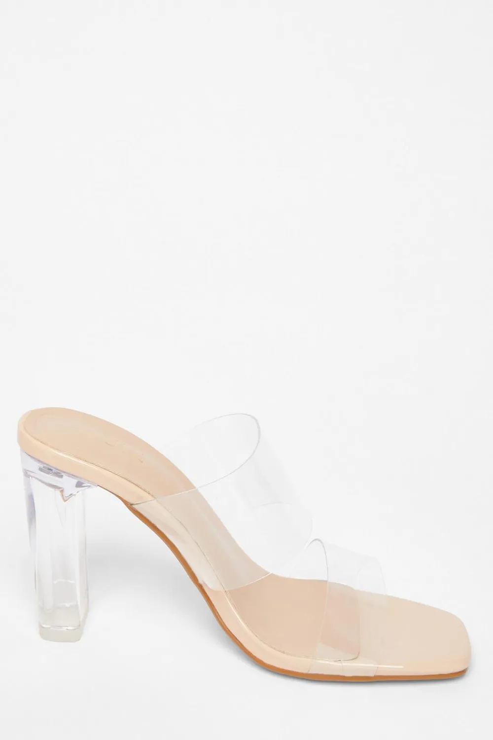 Quiz Heels>Nude Clear Strap Mule Heels