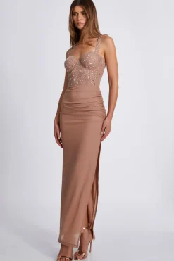 Quiz Evening Dresses|Occasion Dresses>Nude Rhinestone Split Leg Maxi Dress