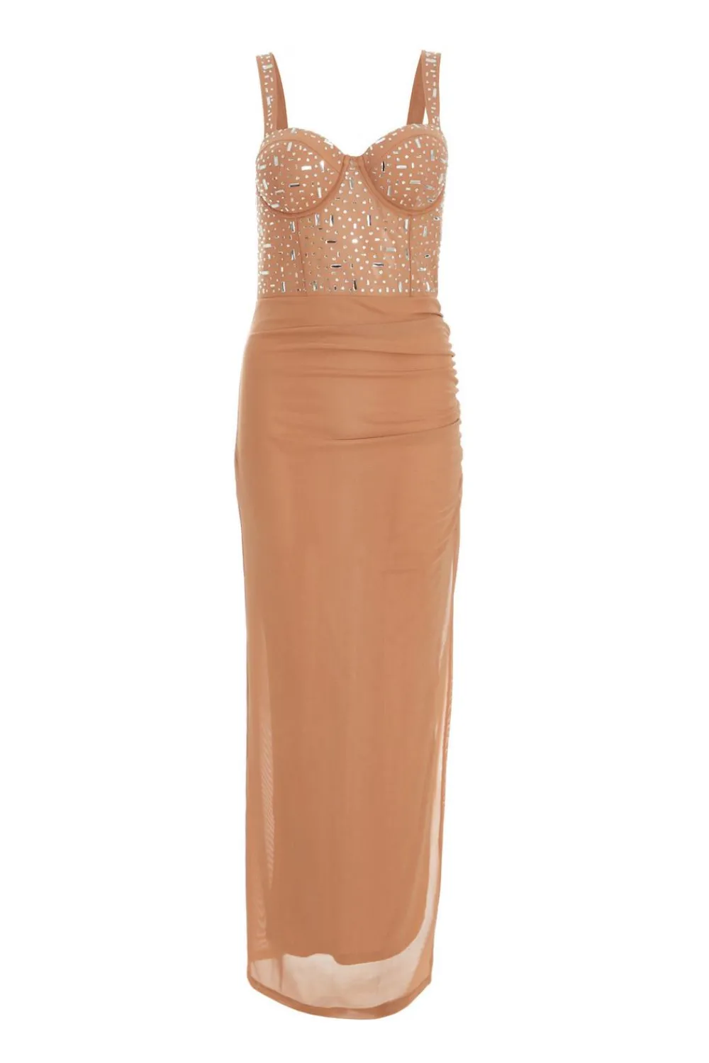 Quiz Evening Dresses|Occasion Dresses>Nude Rhinestone Split Leg Maxi Dress