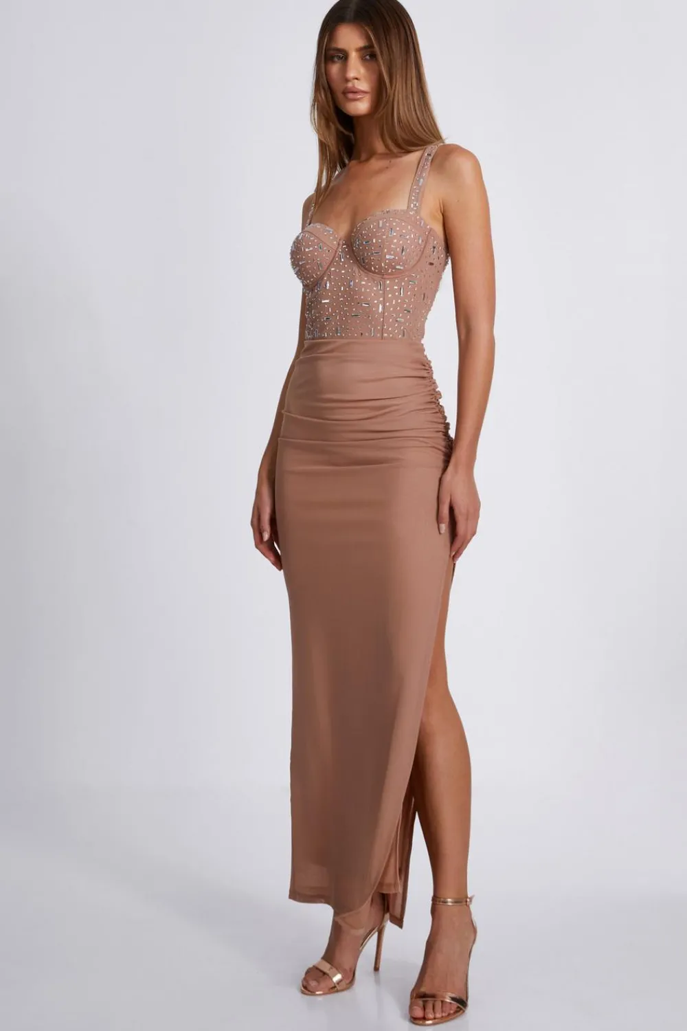 Quiz Evening Dresses|Occasion Dresses>Nude Rhinestone Split Leg Maxi Dress