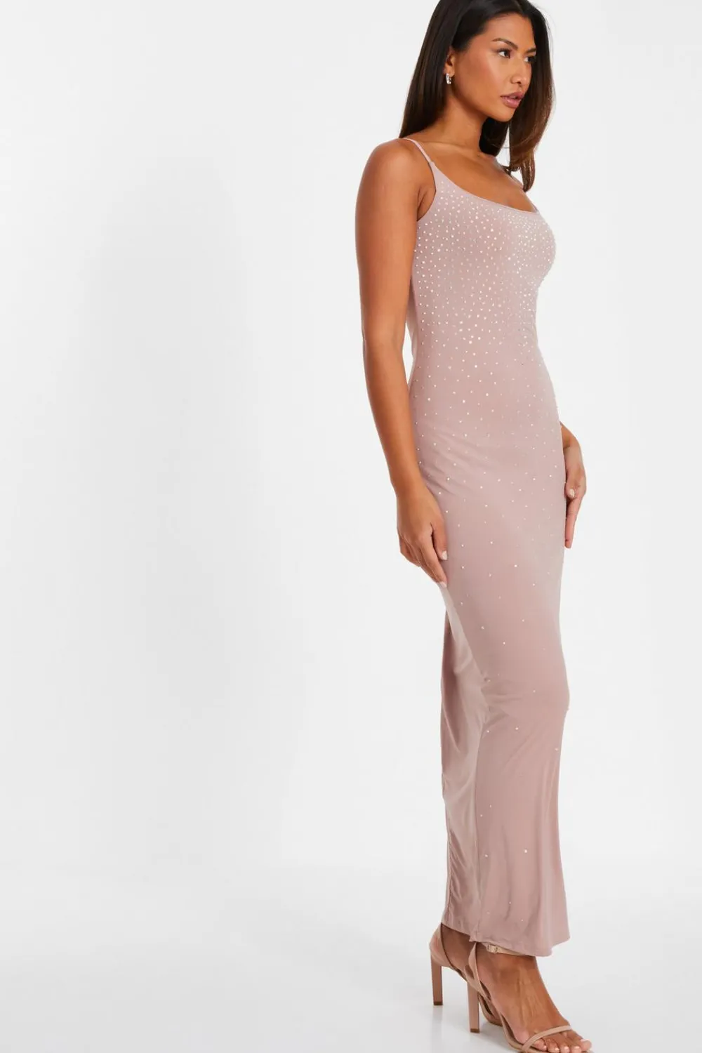 Quiz Evening Dresses|Prom Dresses>Nude Rhinestone Square Neck Maxi Dress