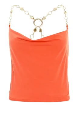 Quiz Going Out Tops|Crop Tops>Orange Cowl Neck Chain Crop Top