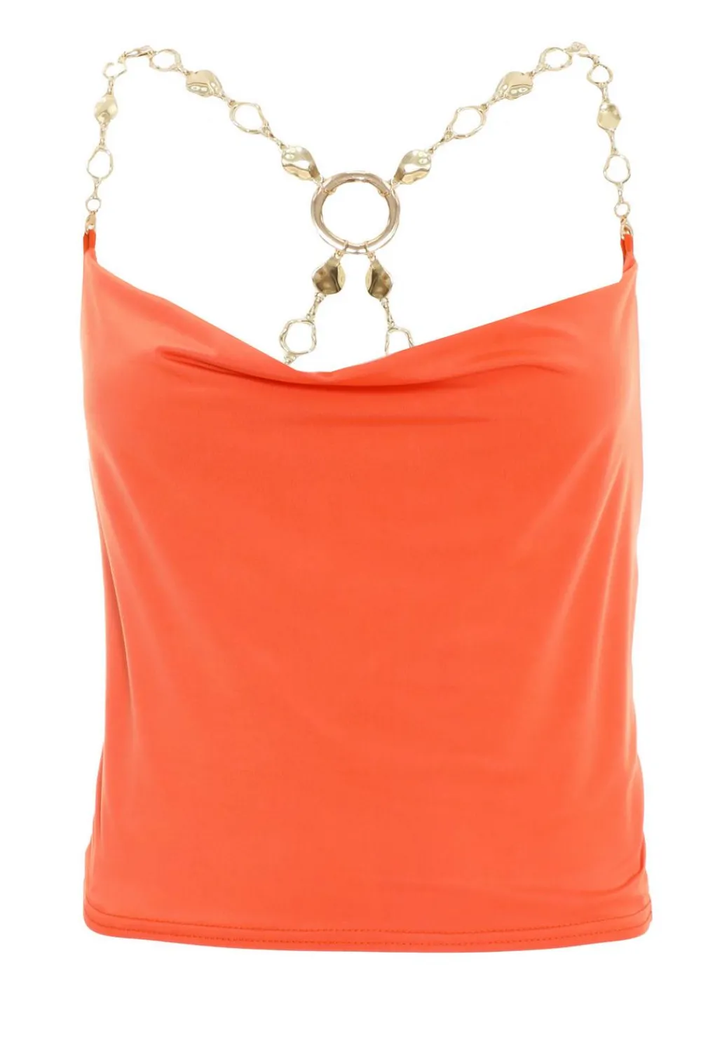 Quiz Going Out Tops|Crop Tops>Orange Cowl Neck Chain Crop Top
