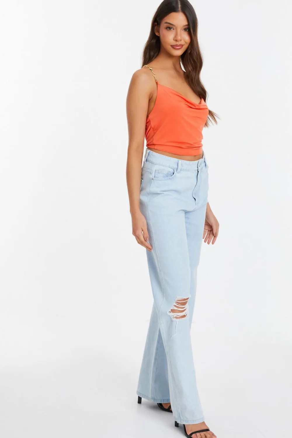 Quiz Going Out Tops|Crop Tops>Orange Cowl Neck Chain Crop Top