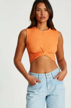 Quiz Summer Tops|Day Tops>Orange Knot Front Crop Top
