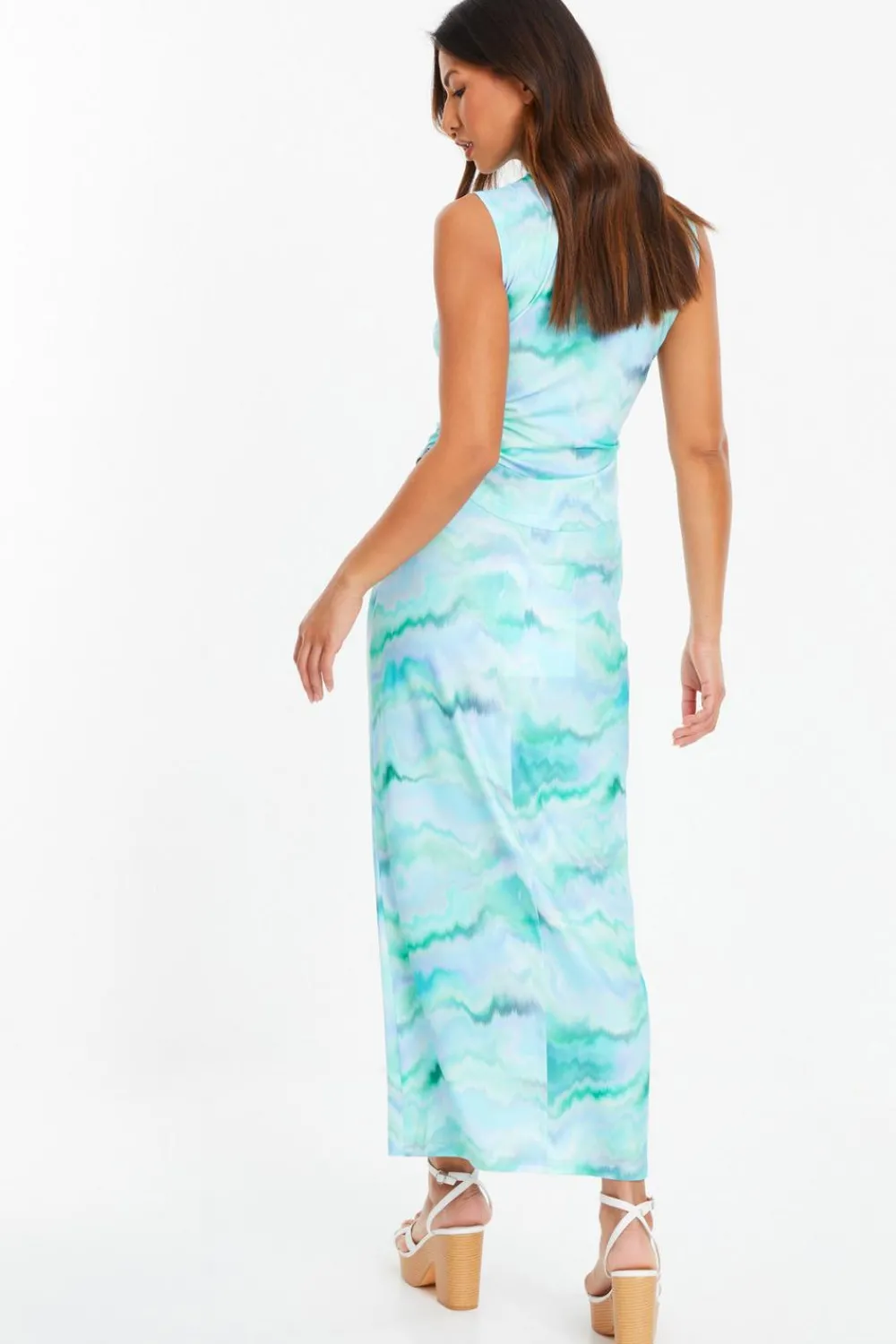 Quiz Skirts|Holiday>Pale Blue Marble Print Ruched Midi Skirt