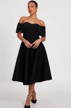 Quiz Evening Dresses|Wedding Guest Dresses>Petite Black Bardot Midi Skater Dress