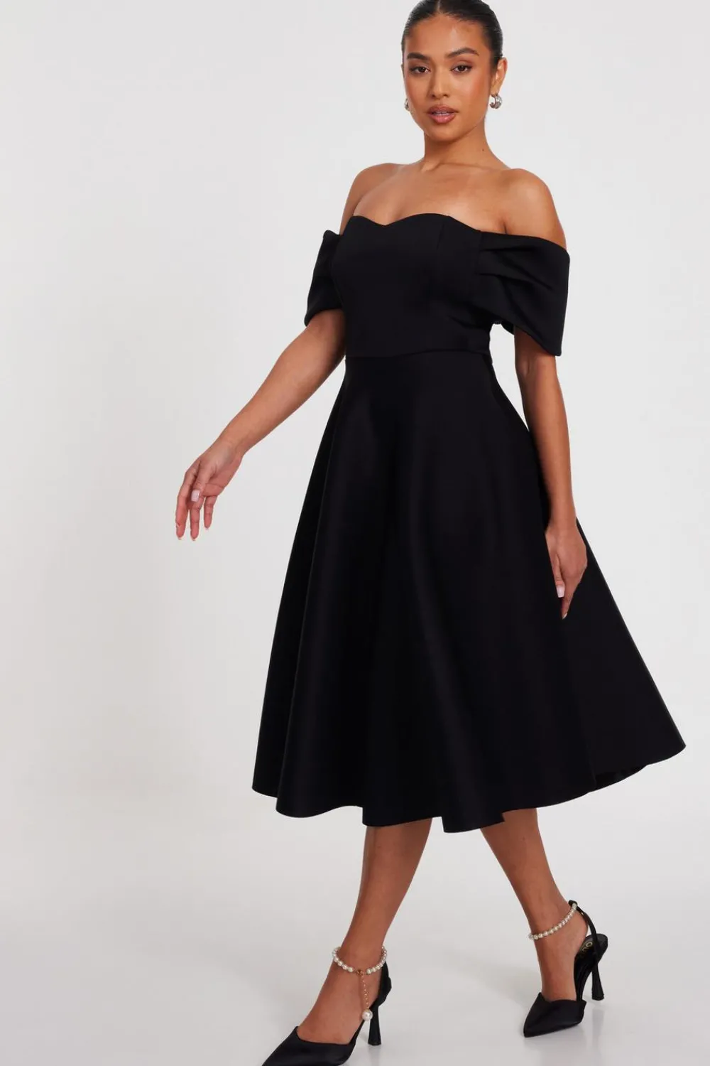 Quiz Evening Dresses|Wedding Guest Dresses>Petite Black Bardot Midi Skater Dress