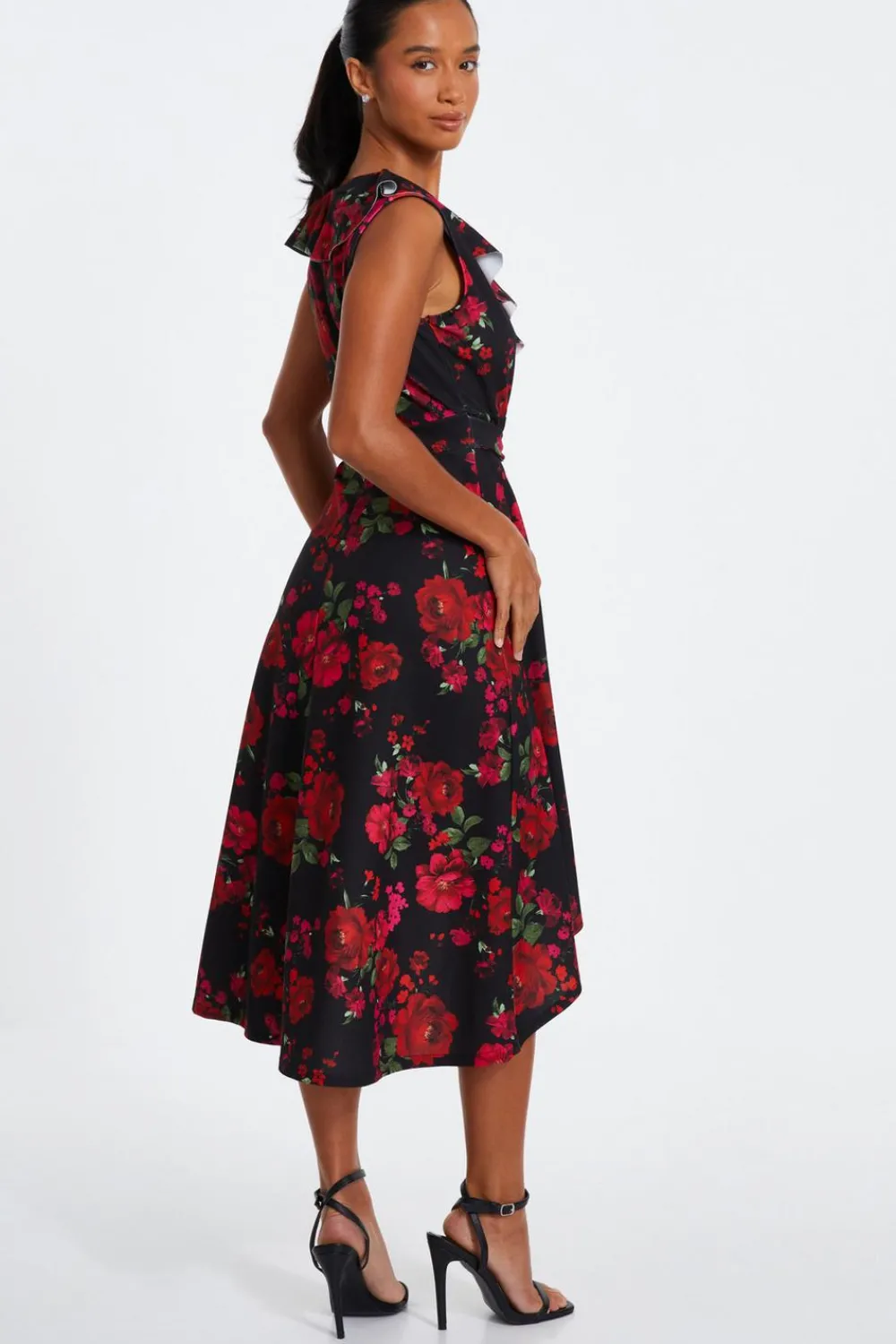 Quiz Red Dresses|Midi Dresses>Petite Black Floral Dip Hem Midi Dress