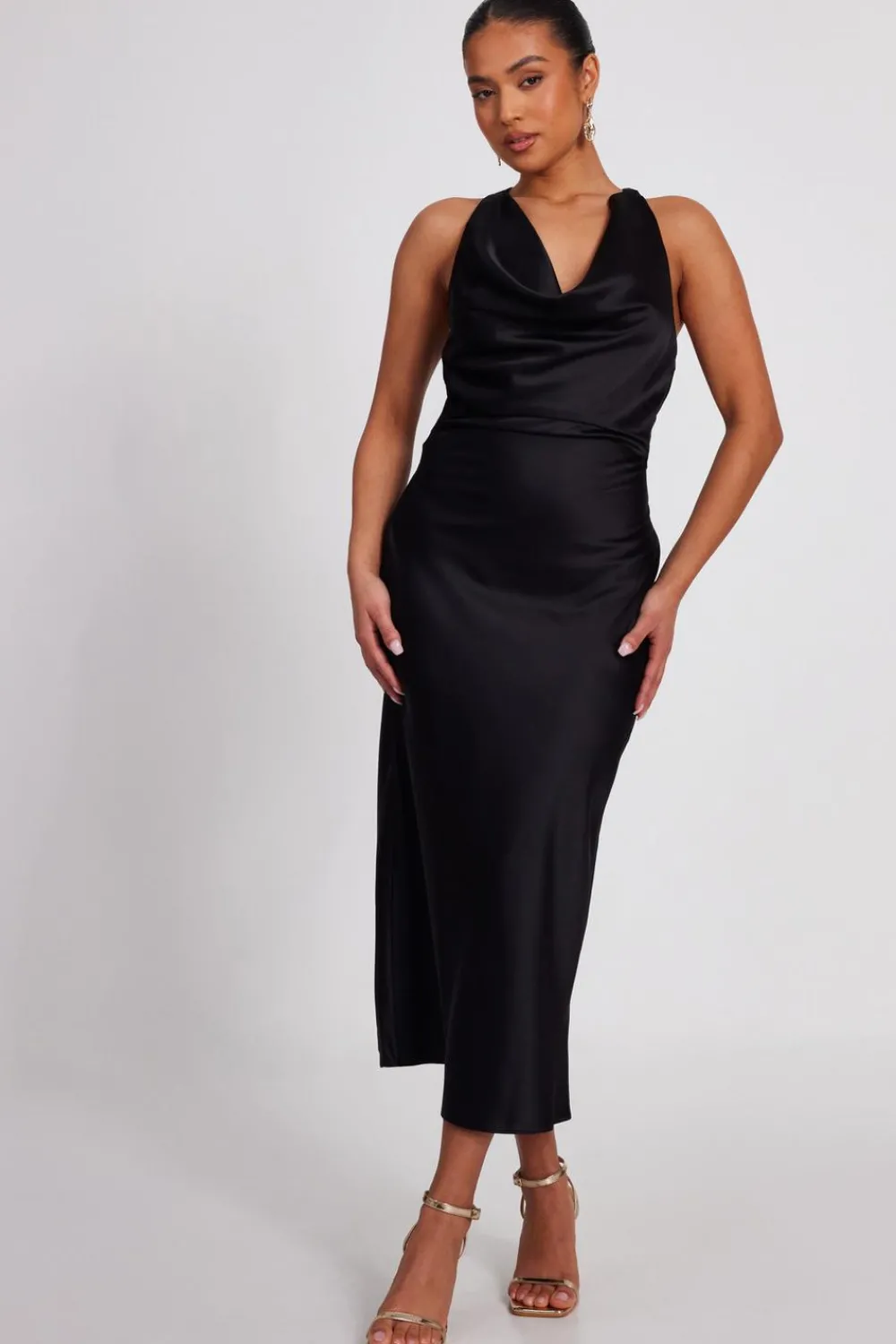 Quiz Prom Dresses|Going Out>Petite Black Satin Midaxi Dress