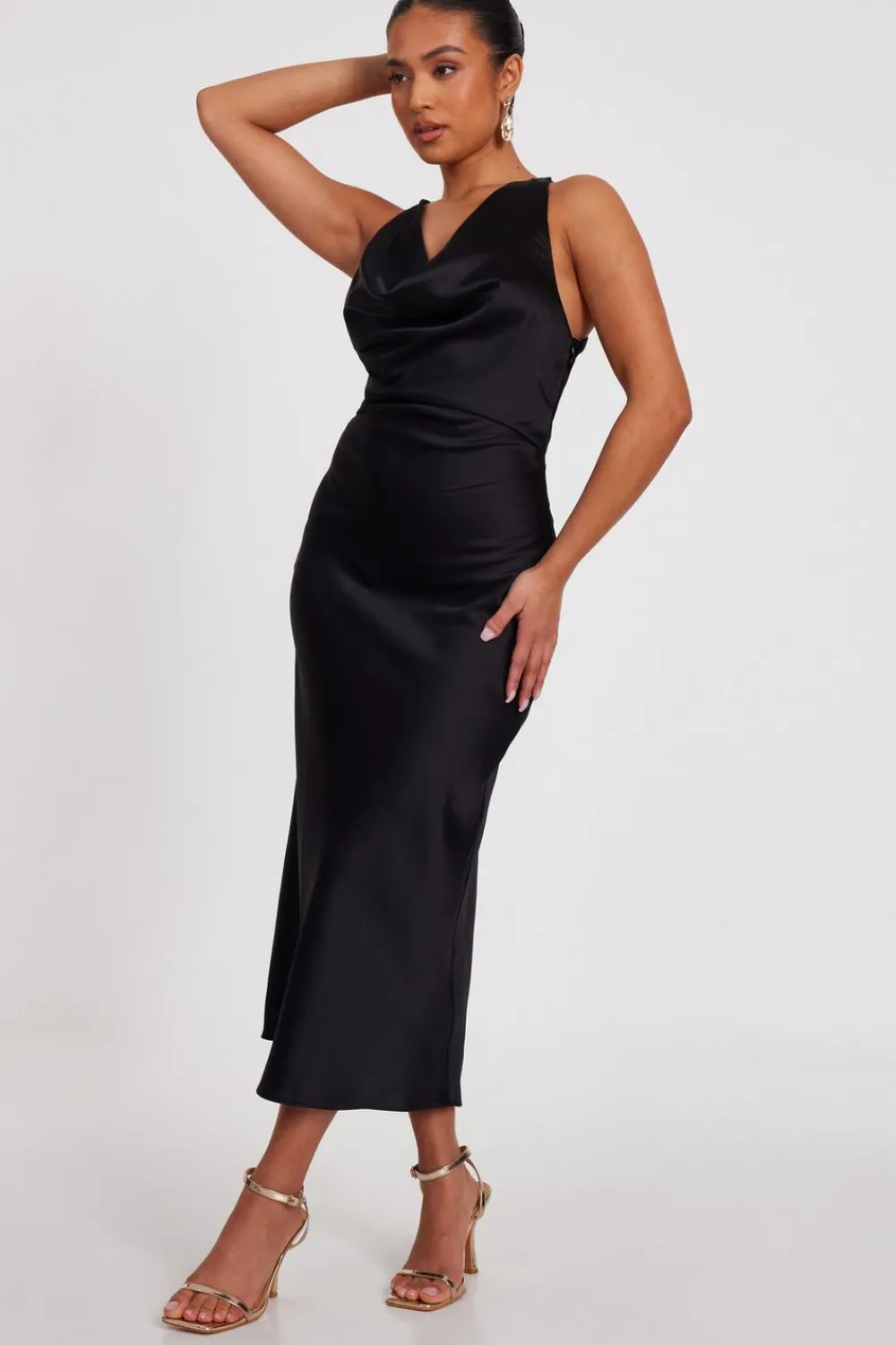 Quiz Prom Dresses|Going Out>Petite Black Satin Midaxi Dress