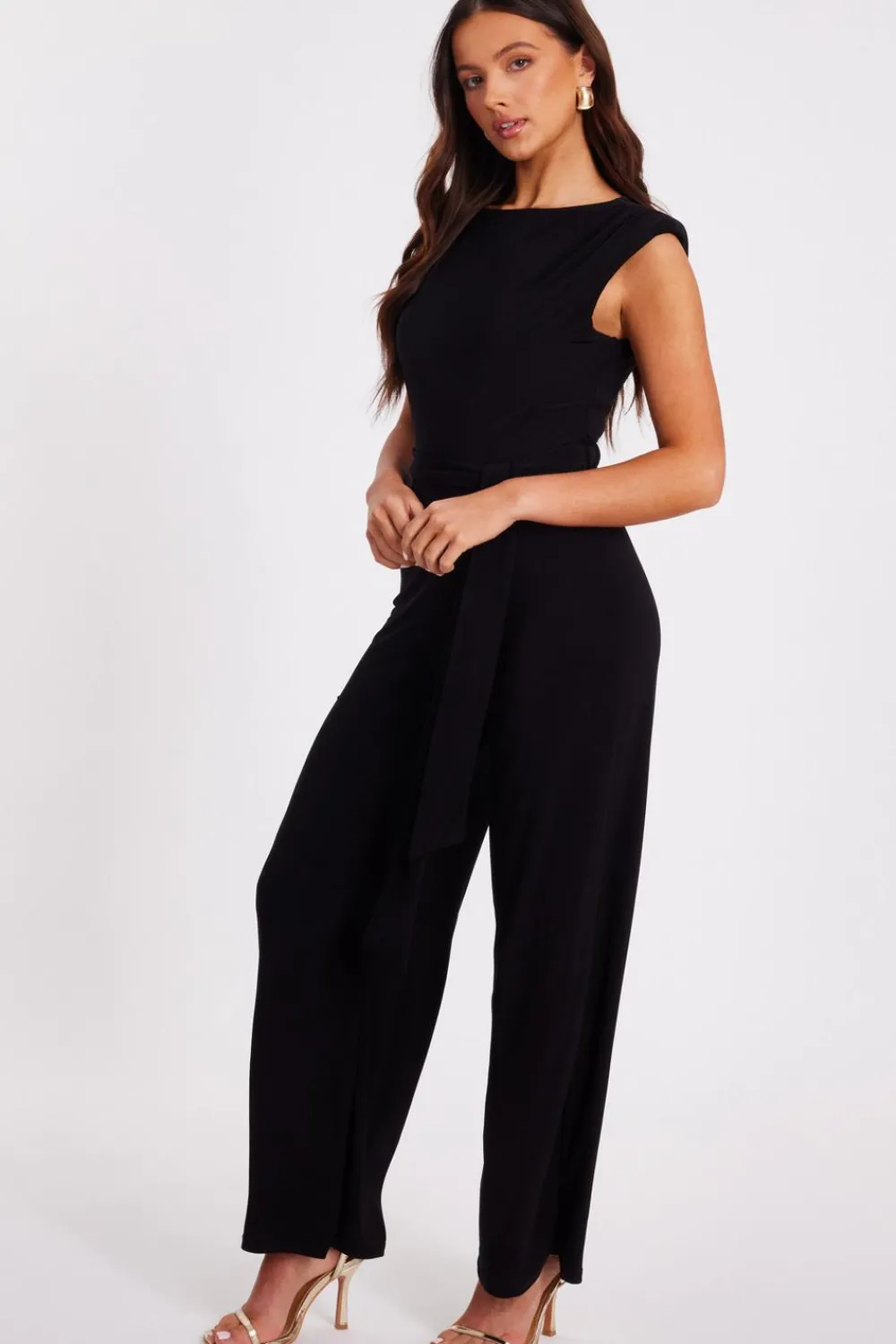 Quiz Going Out Jumpsuits|Evening Jumpsuits>Petite Black Tie Waist Jumpsuit
