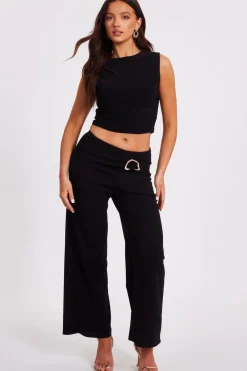 Quiz Workwear|Trousers>Petite Black Tie Waist Palazzo Trousers