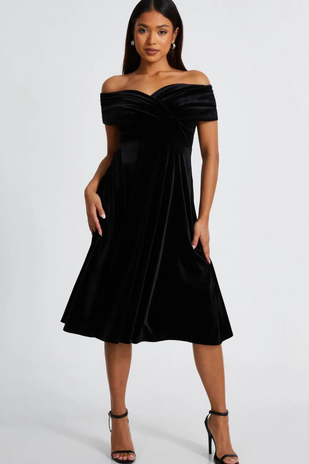 Quiz Prom & Ball|Evening Dresses>Petite Black Velvet Bardot Midi Dress