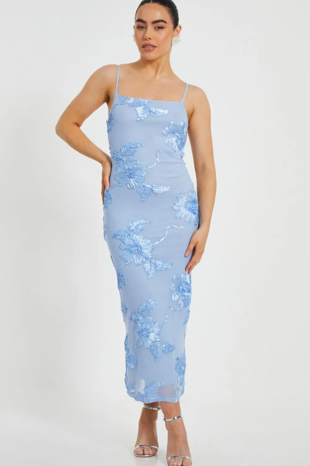 Quiz Day At The Races|Christening Guest>Petite Blue Floral Applique Midaxi Dress