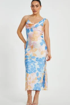 Quiz Day At The Races|Dresses>Petite Blue Satin Floral Midaxi Dress
