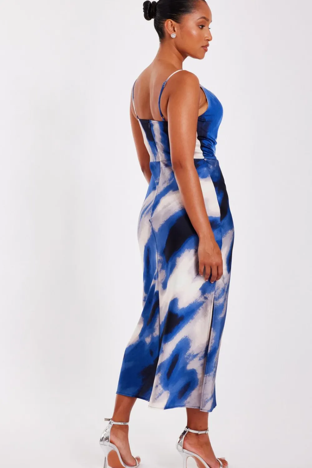 Quiz Day At The Races|Christening Guest>Petite Blue Satin Marble Midaxi Dress