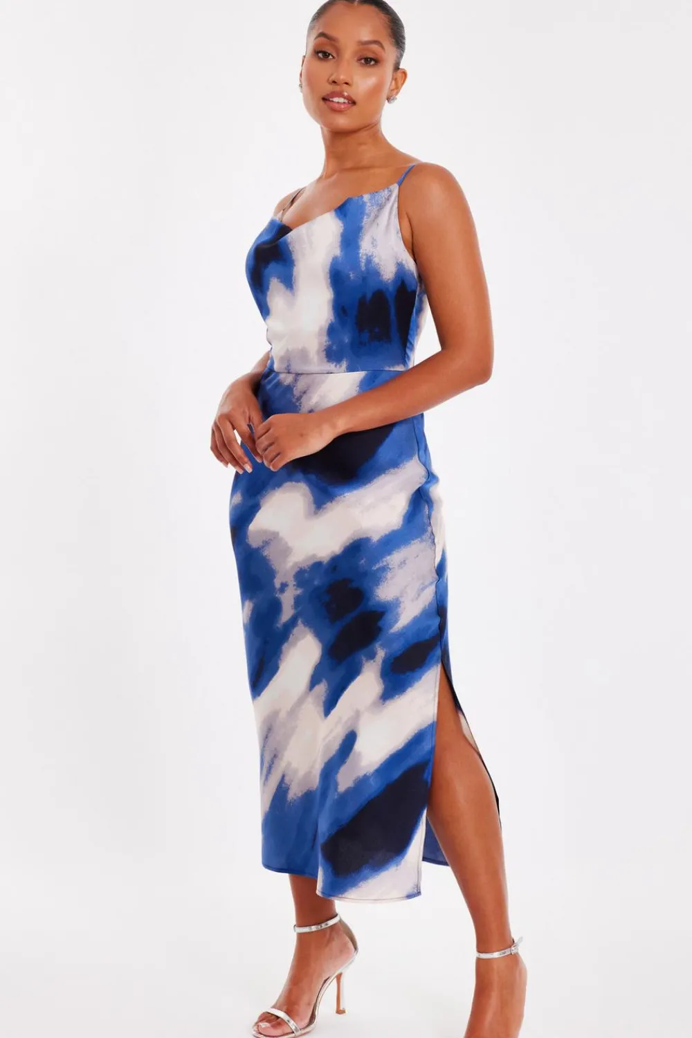 Quiz Day At The Races|Christening Guest>Petite Blue Satin Marble Midaxi Dress