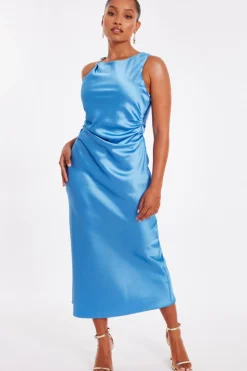 Quiz Day At The Races|Christening Guest>Petite Blue Satin Ruched Midaxi Dress