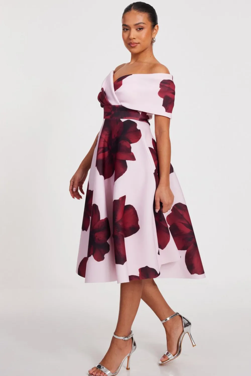 Quiz Summer Clothes|Petite Dresses>Petite Blush Bardot Floral Skater Dress