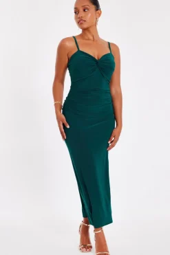 Quiz Day At The Races|Christening Guest>Petite Bottle Green Knot Detail Midaxi Dress